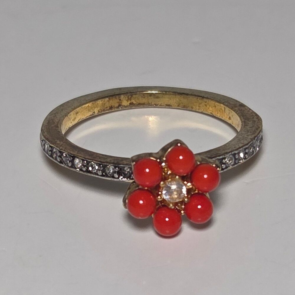 Juicy Couture VTG Gold Tone Red Coral Enamel Flower Ring Size 6 Forget-Me-Not